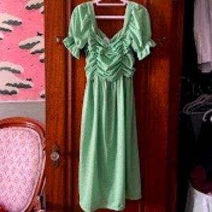 TACH Clothing  Ruched Puff Sleeve Midi Dress Green Shimmer